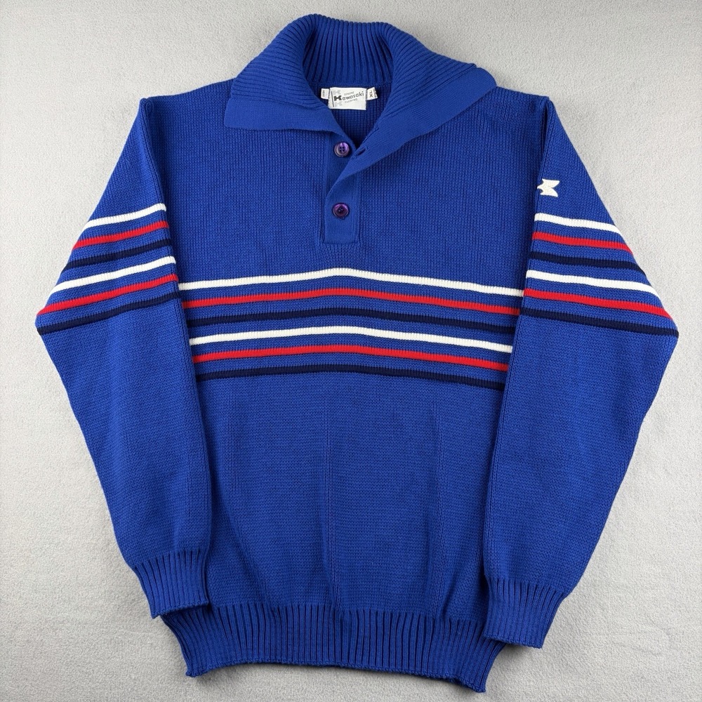 Vintage Kawasaki Motorcycle Sweater Blue Striped Orlon Acrylic Men's XL